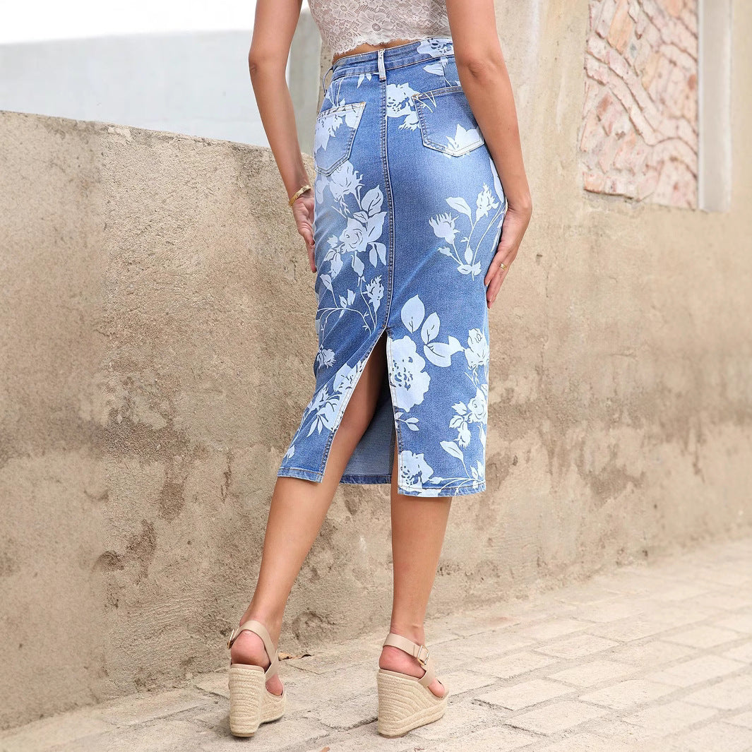 Women's high-waisted floral denim pencil skirt (Midi) Amarae