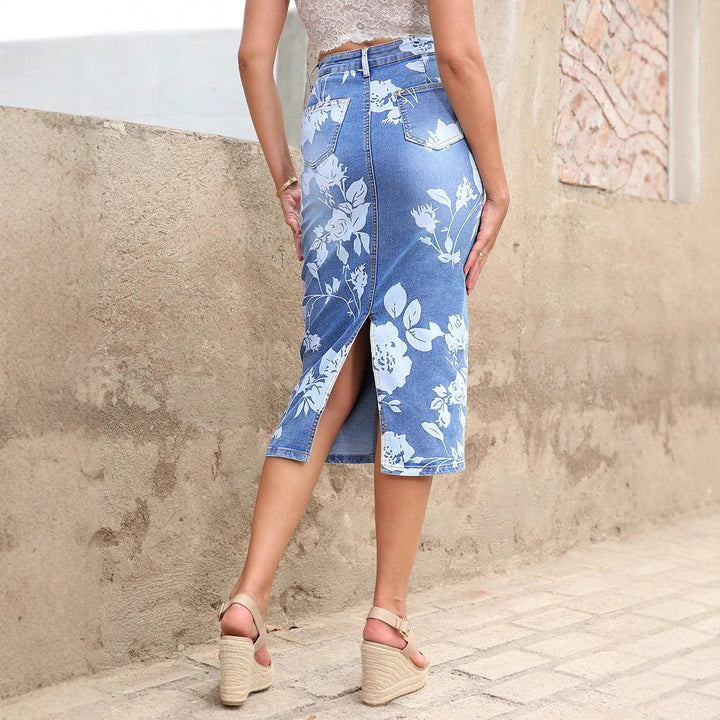 Women's high-waisted floral denim pencil skirt (Midi) Amarae