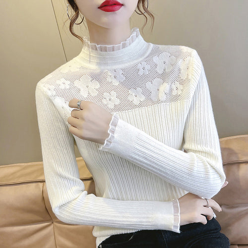 Women's sweater with floral lace insert and ribbed structure Amarae