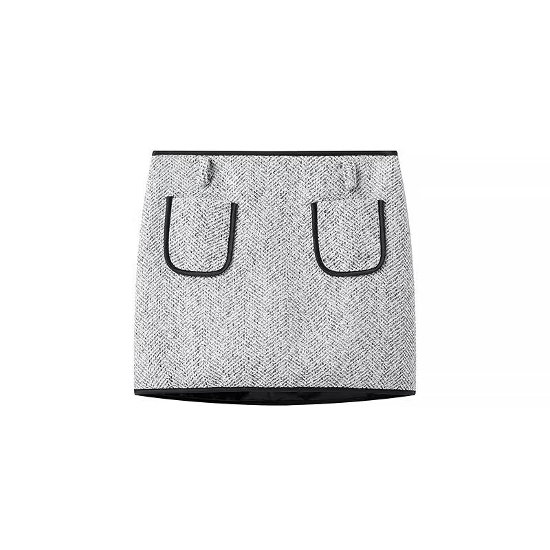 Ladies Elegant Bouclé-Tweed Two-Piece with Tailored Short Blazer, Mini Skirt, Piping Details and Feathery Cuffs Amarae