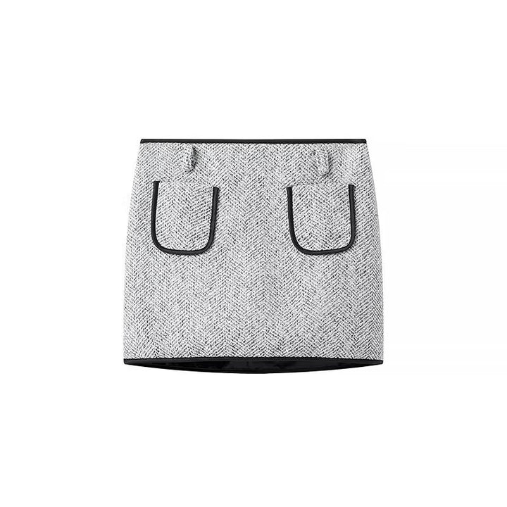 Ladies Elegant Bouclé-Tweed Two-Piece with Tailored Short Blazer, Mini Skirt, Piping Details and Feathery Cuffs Amarae