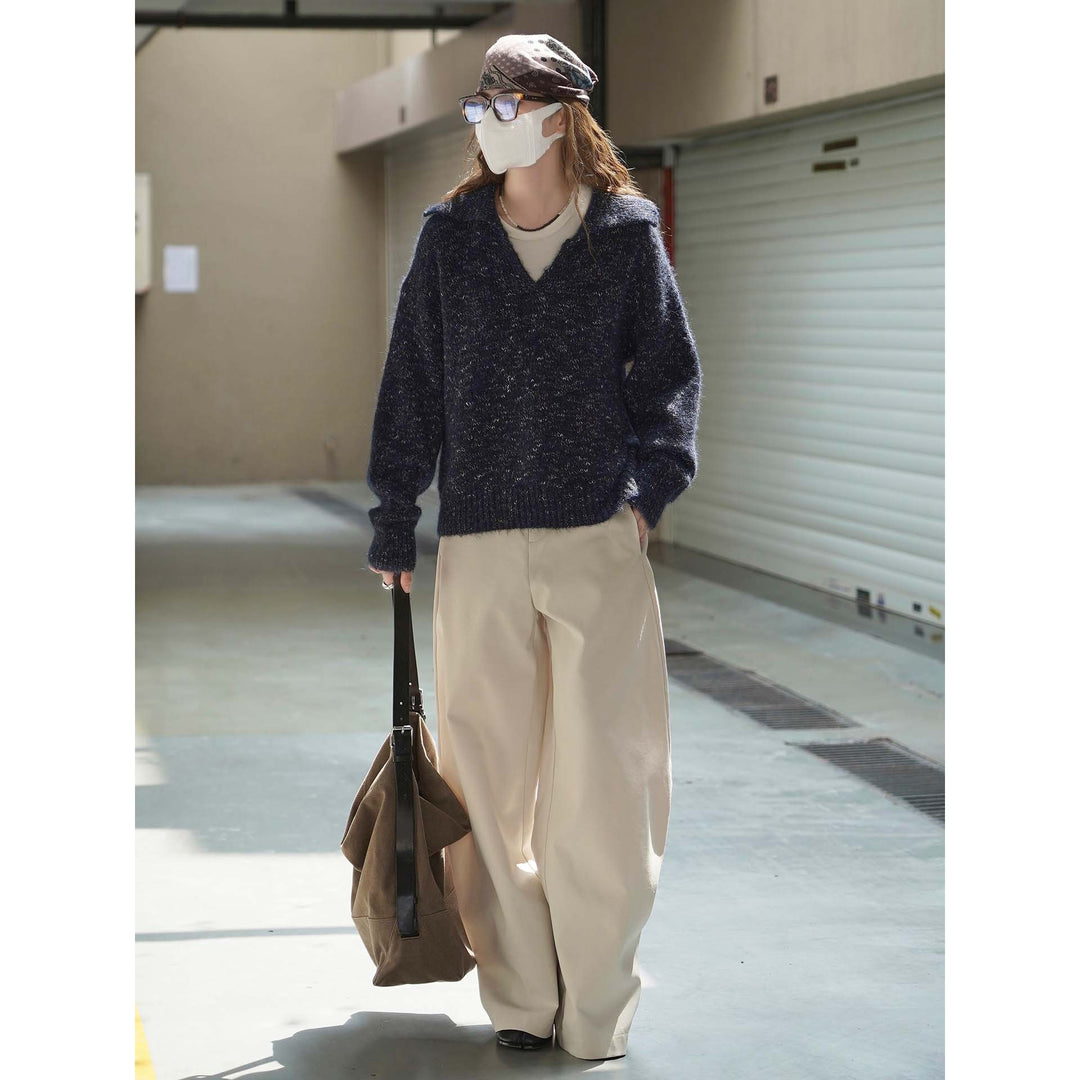 Women's Fluffy Mohair-Mix Sweater with Open Shirt Collar and Ribbed Hem