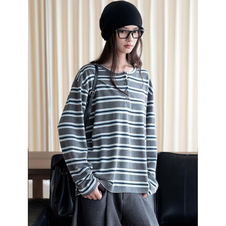 Women Striped Oversized Long Sleeve Shirt with Henley Button Placket Amarae