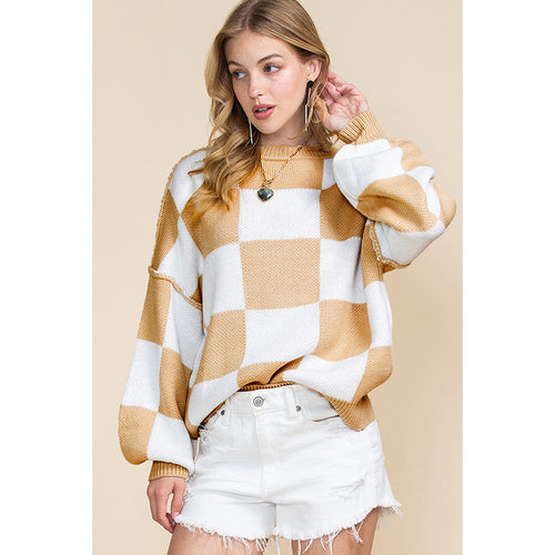 Oversized sweater for women with a tartan pattern and voluminous sleeves Amarae