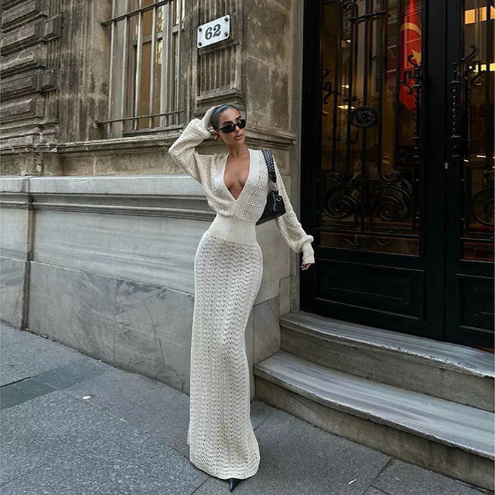 Elegant crochet maxi dress for women with deep V-neck and ribbed design Lune London