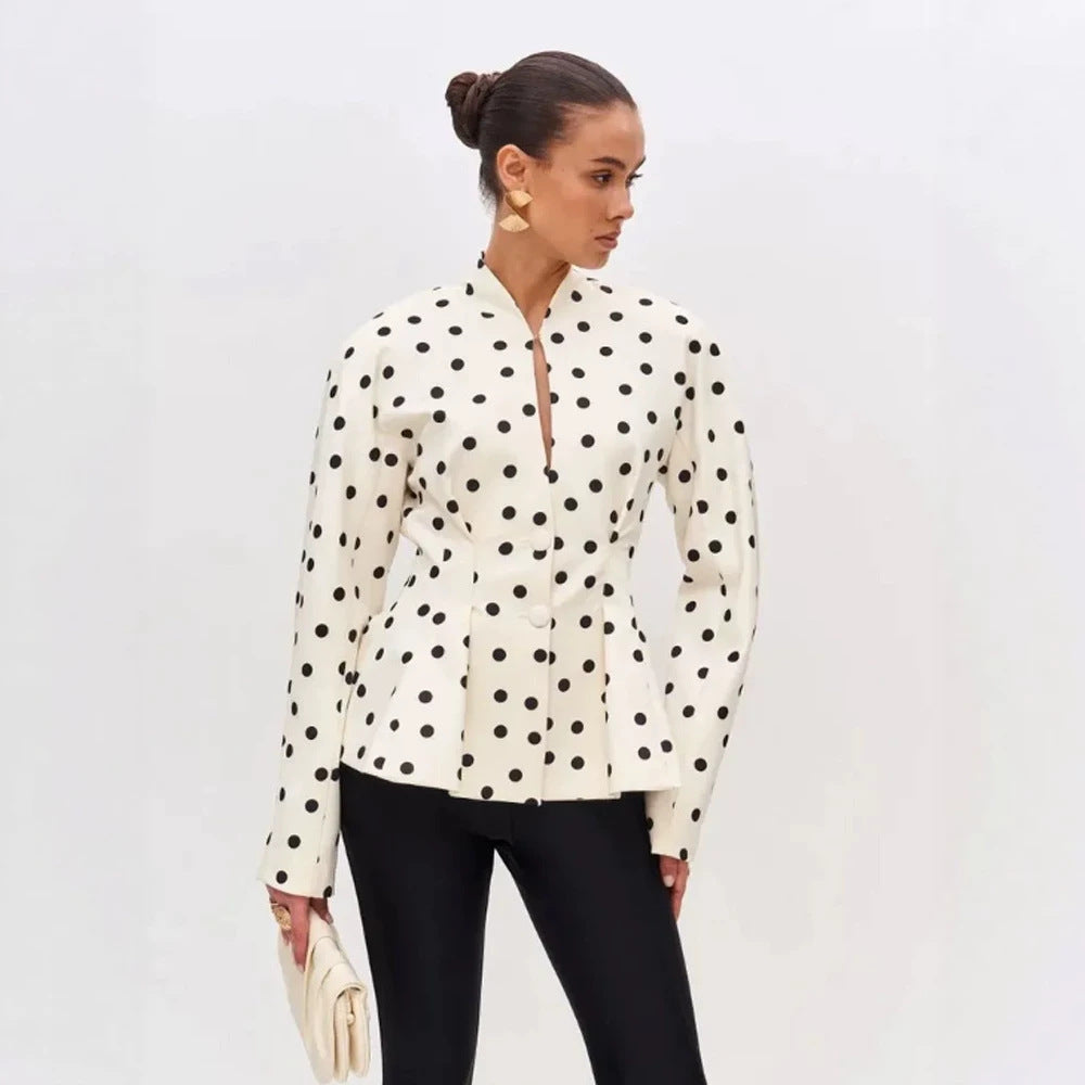 Women's Polka Dot Fitted Peplum Blouse with Stand-up Collar and Concealed Button Placket Amarae