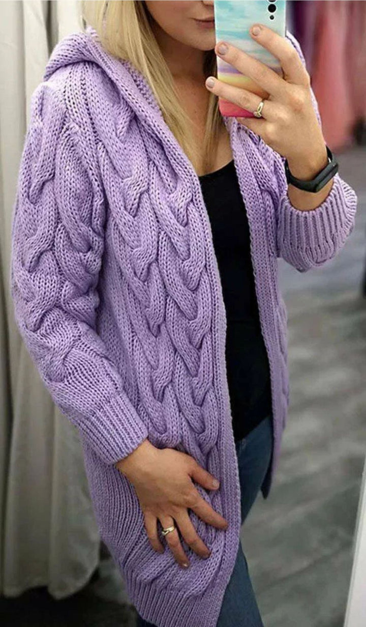 Ladies Chunky Knit Cardigan with Hood and Chic 3D Pattern