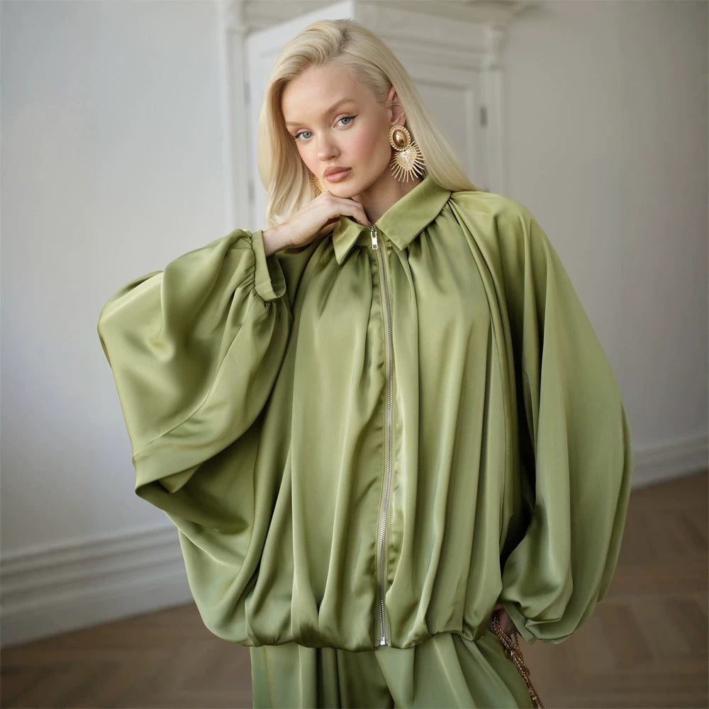 Women Elegant Satin Two-Piece Set with Oversize Blouse and Wide Palazzo Pants Amarae