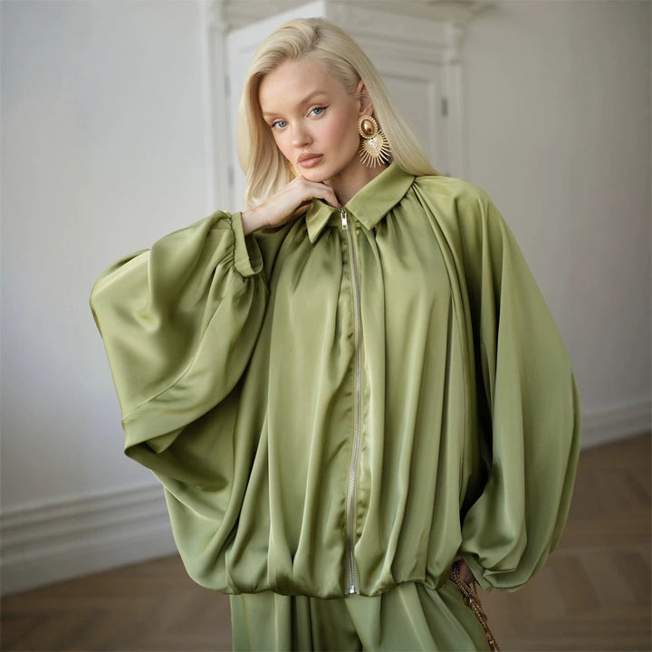 Women Elegant Satin Two-Piece Set with Oversize Blouse and Wide Palazzo Pants Amarae