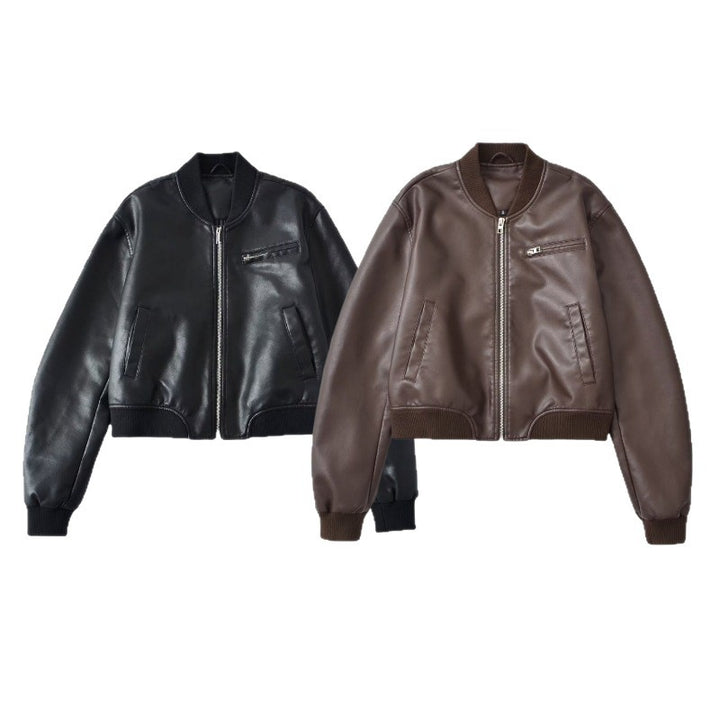Faux leather bomber jacket for women with elastic finish and practical pockets Lune London