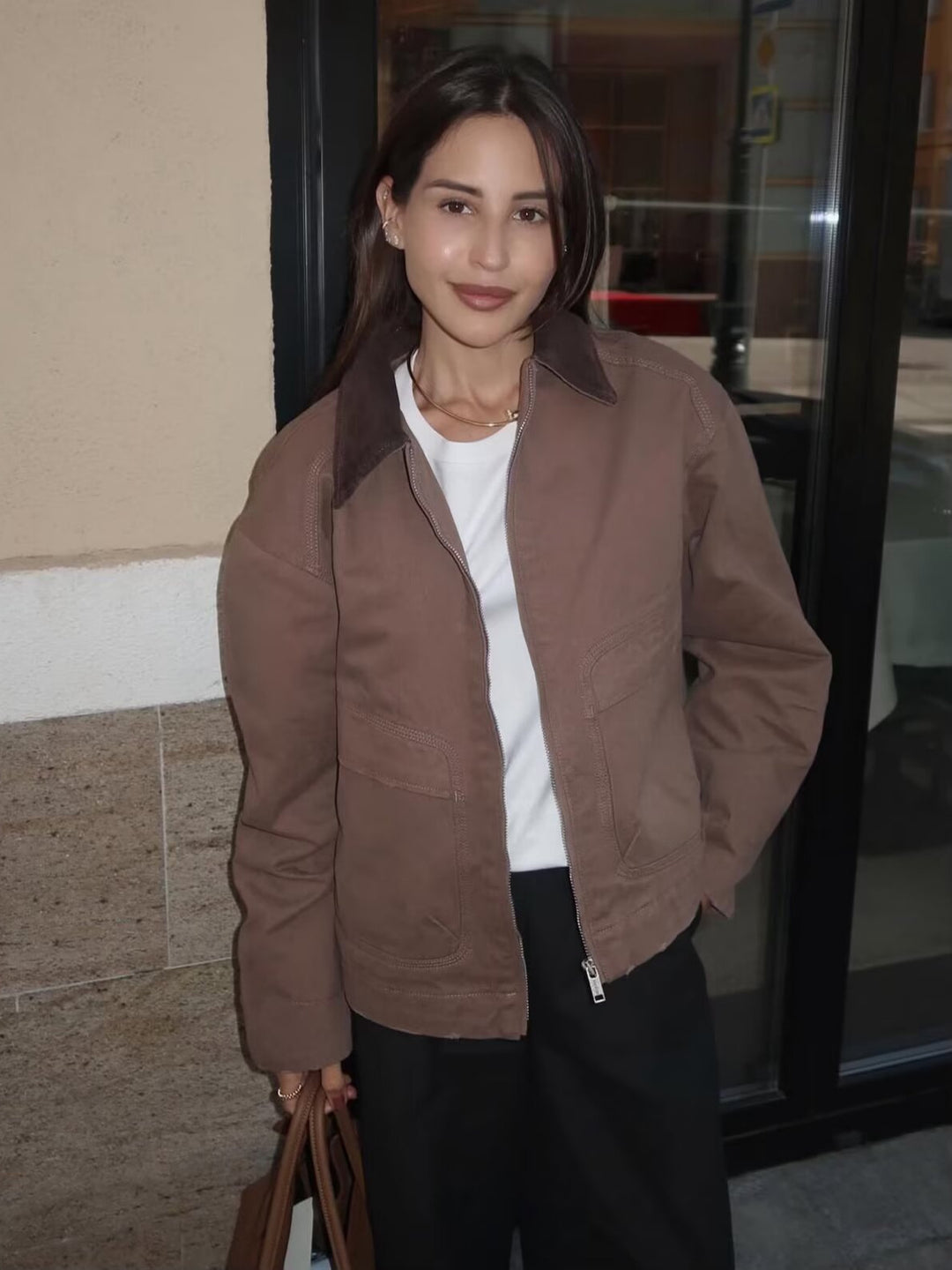 Trendy transitional jacket for women with classic high collar and practical pockets Lune London