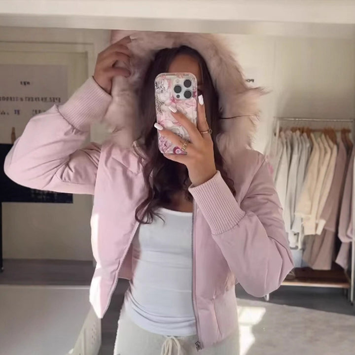 Ladies short quilted bomber style jacket with detachable faux fur hood Amarae
