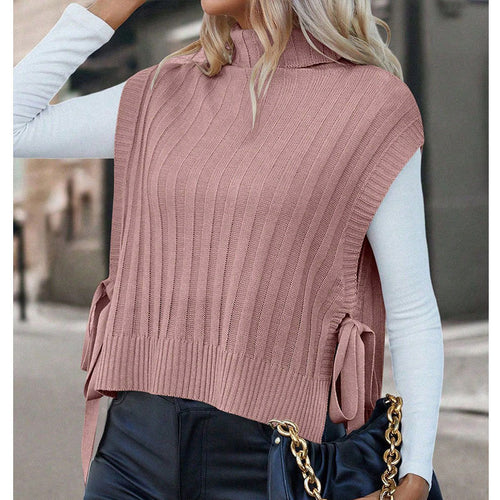 T-shirt en maille à manches courtes pour femmes avec col roulé et détails en nœud Chic & Stil