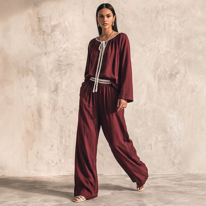 Ladies Flowing Two-Piece Loungewear Set in Silk Look with Wide Palazzo Pants and Gathered Tunic Amarae