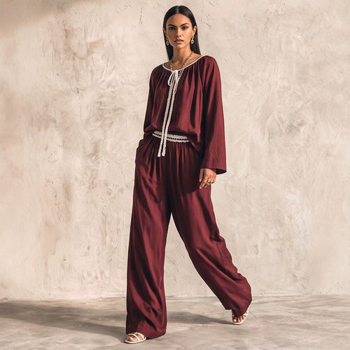 Ladies Flowing Two-Piece Loungewear Set in Silk Look with Wide Palazzo Pants and Gathered Tunic Amarae