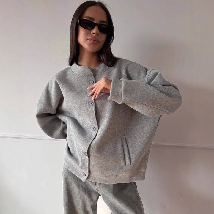 Women's Casual Sweat Jacket with Button Closure and Relaxed Fit Lune London