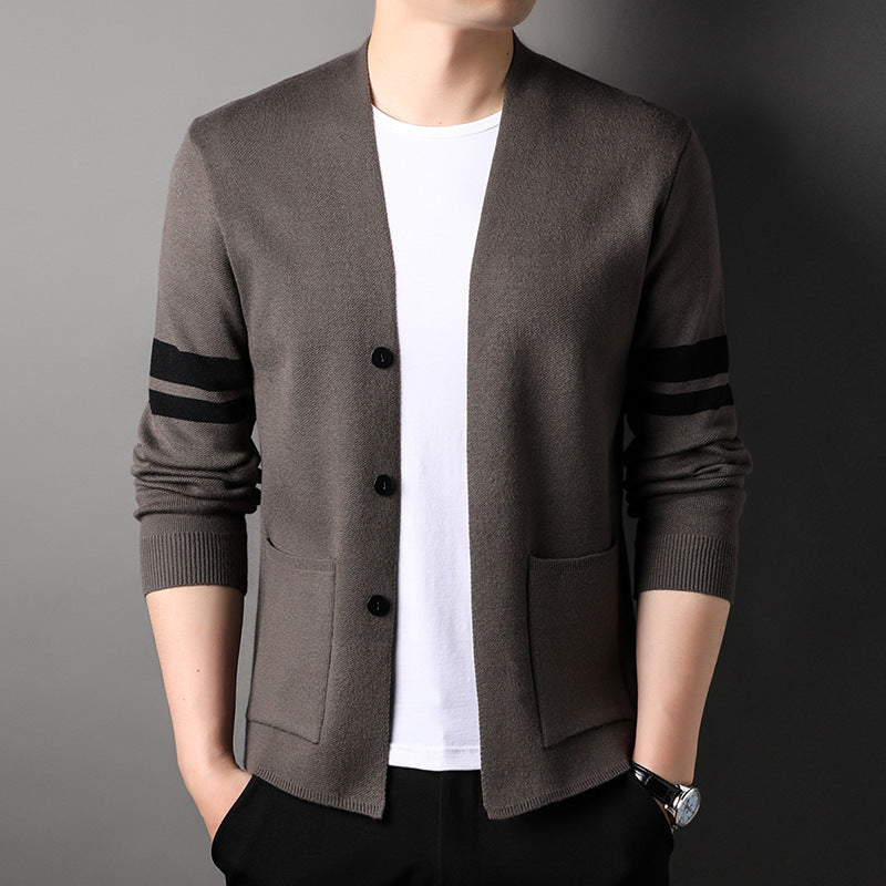 Trendy knit jacket for men with stylish contrasting stripes and practical pockets Lune London