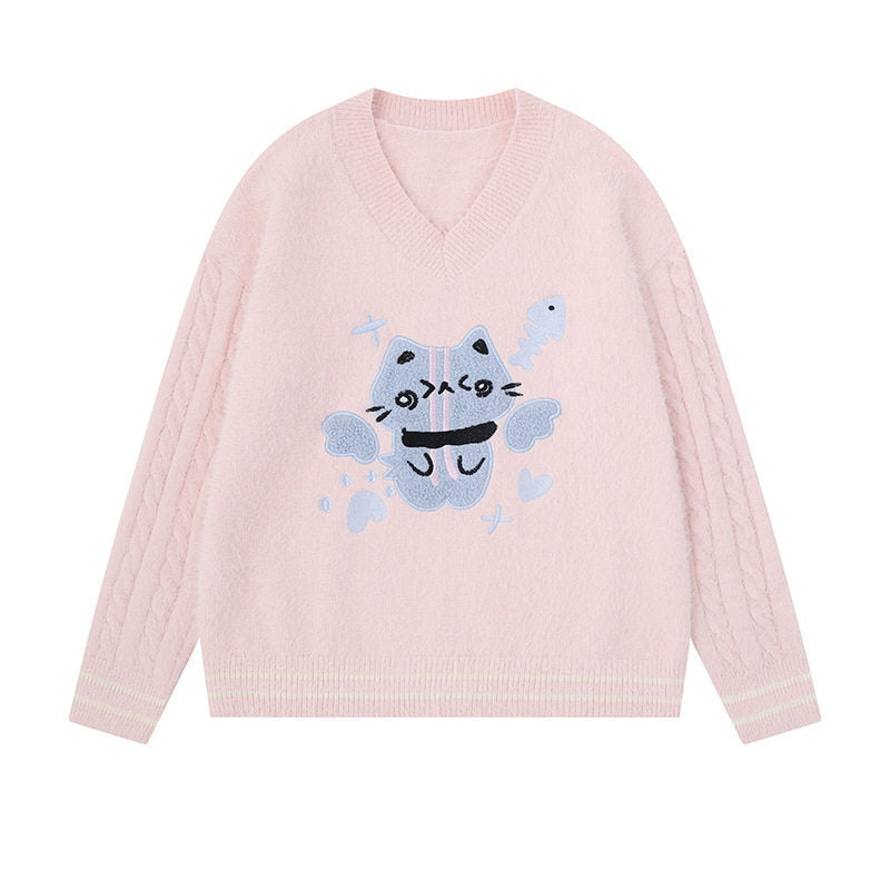 Women's V-neck knitted sweater with cable sleeves and chenille cat motif Amarae