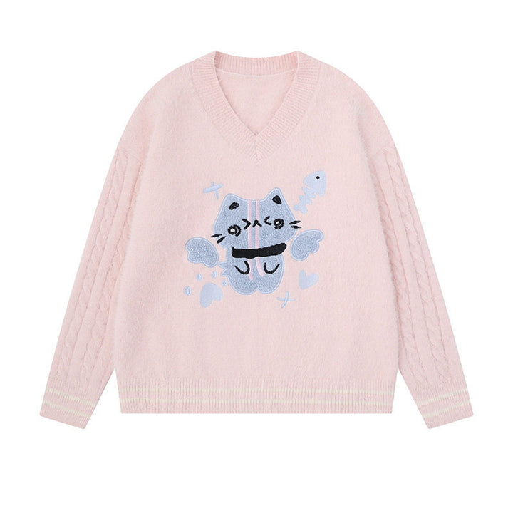 Women's V-neck knitted sweater with cable sleeves and chenille cat motif Amarae