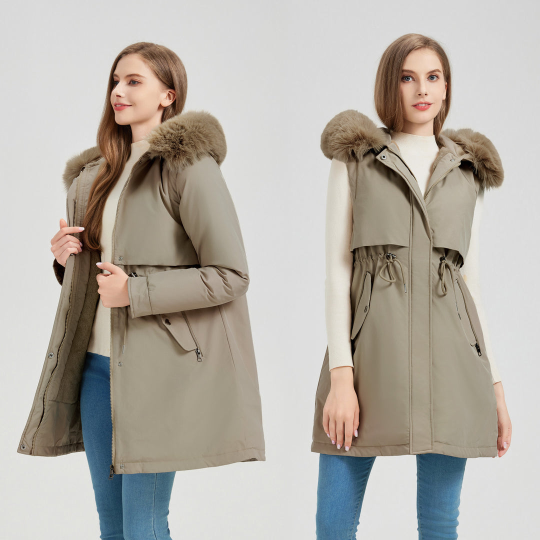 Ladies functional insulated parka with removable faux fur collar and adjustable waist Lune London