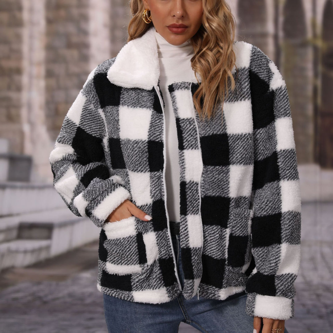 Ladies Cozy Plaid Jacket with Asymmetric Zipper Lune London