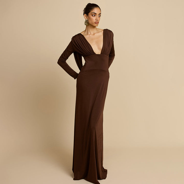 Elegant maxi dress for women with deep V-neck and long sleeves Lune London