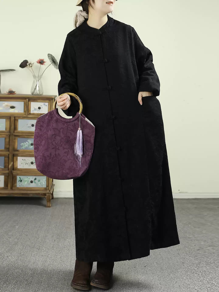 Amarae | Size Black Oriental Jacquard Spandex Coats with Buttons