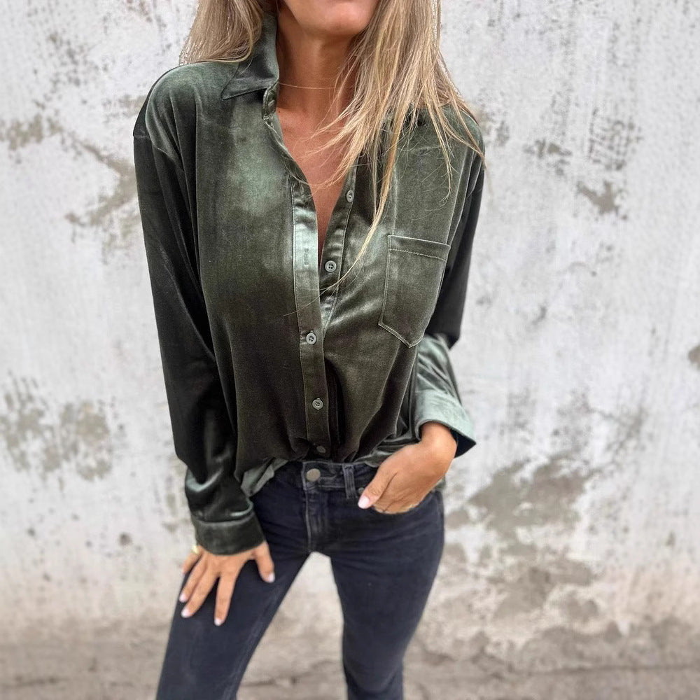Women Elegant velvet blouse with classic shirt collar and long sleeves Lune London