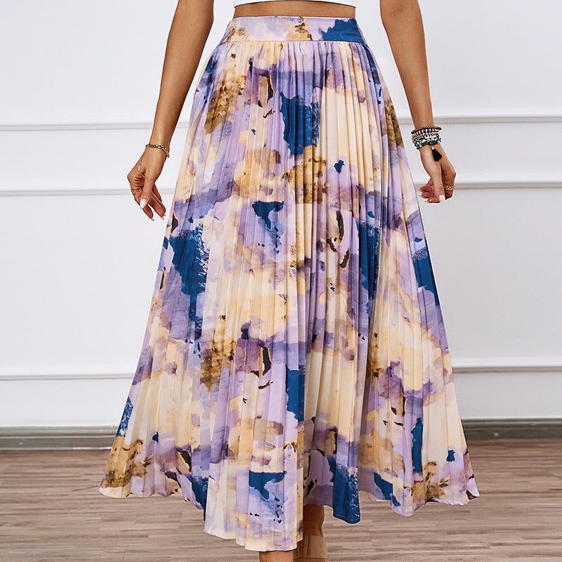 Pleated midi skirt for ladies with a colorful watercolor design Lune London