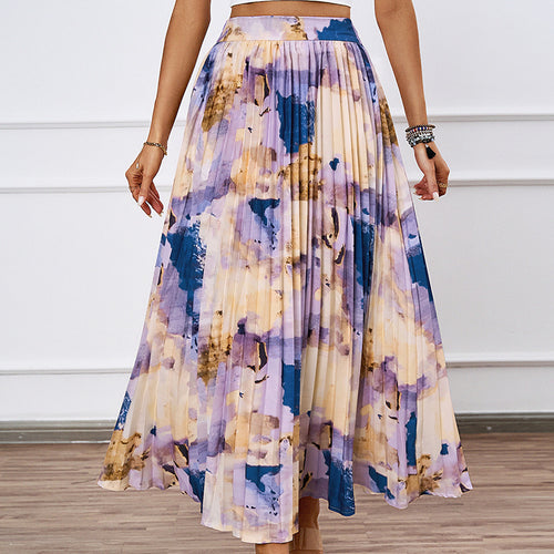 Pleated midi skirt for ladies with a colorful watercolor design Amarae