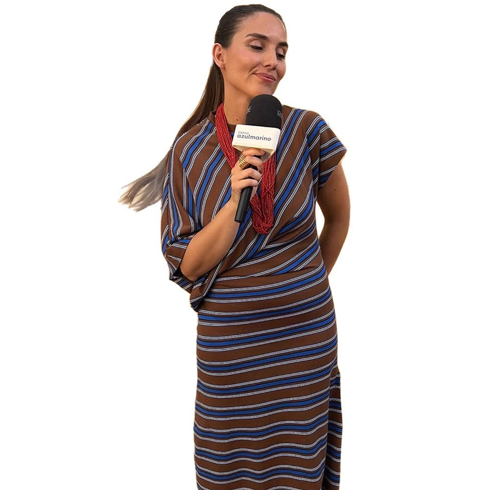 Women's Striped Maxi Dress with Asymmetrical Cape Sleeves & Tailored Silhouette Amarae