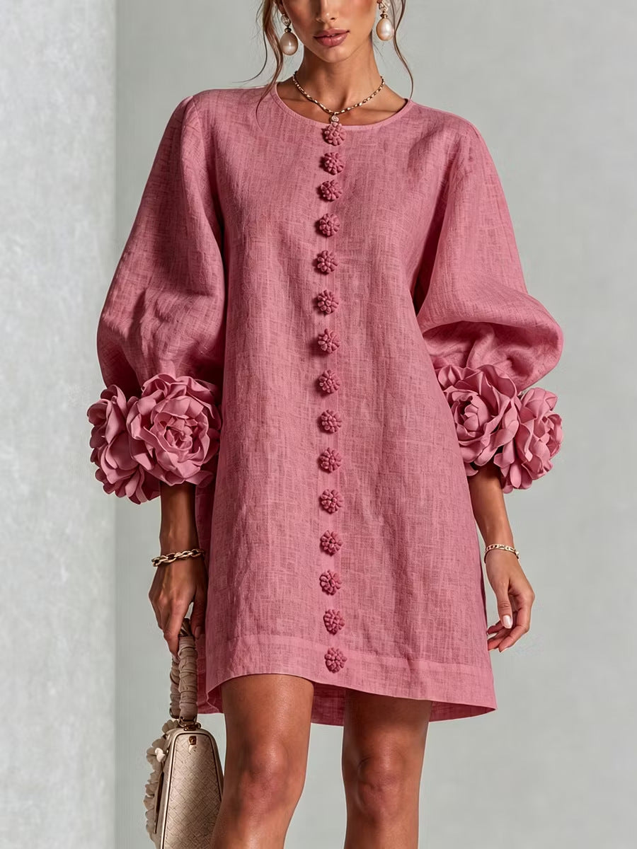 Ladies linen dress in A-line cut with balloon sleeves and 3D flower decoration Amarae