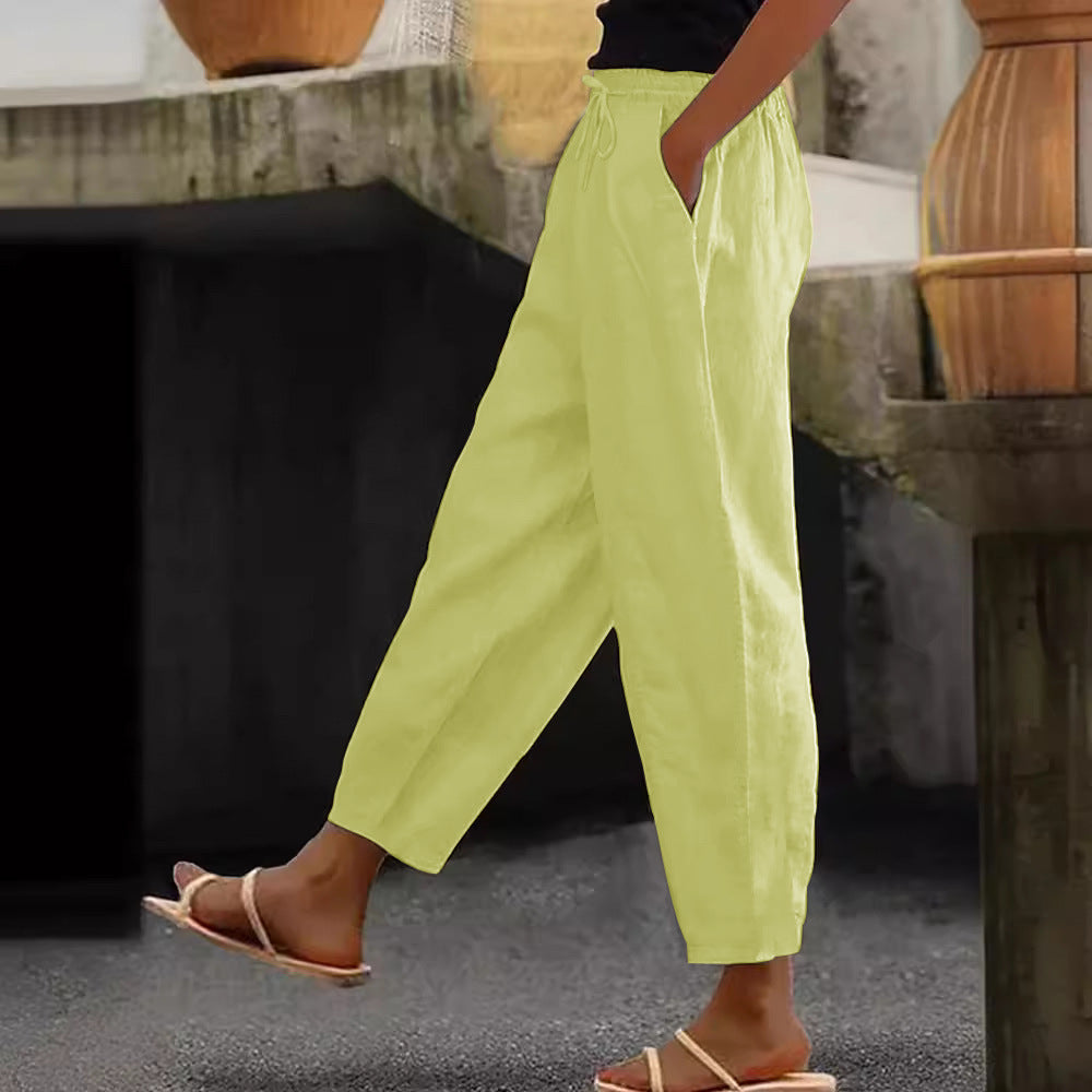 Women's Linen Blend Cropped Pants with Elastic Waistband, Drawstring and Side Pockets Amarae