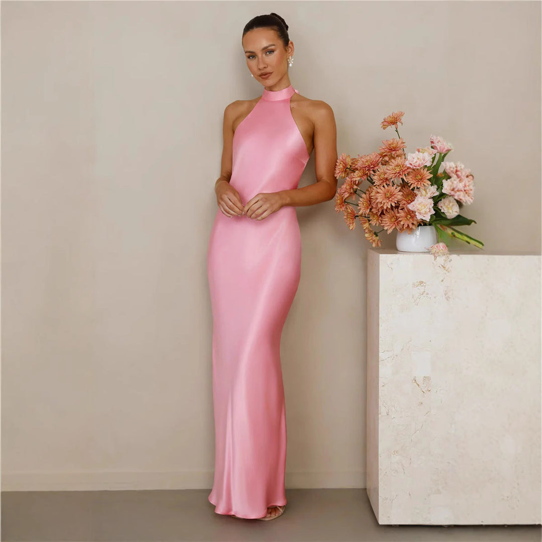 Ladies Elegant Maxi Dress with High Neck Design and Shimmering Satin Finish Lune London