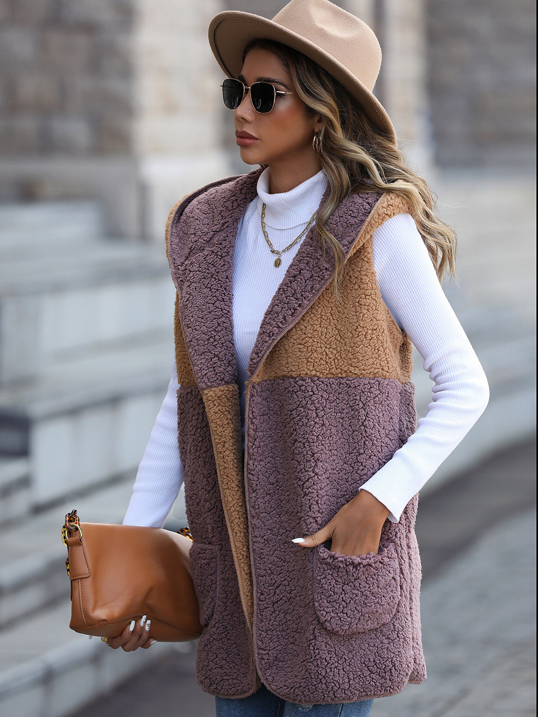 Faux fur jacket for women with large pockets and asymmetric design Lune London