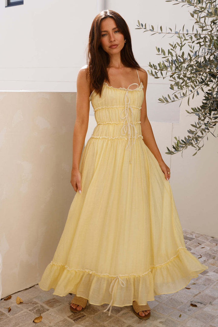 Ladies' maxi dress with ruffle details and adjustable straps Lune London