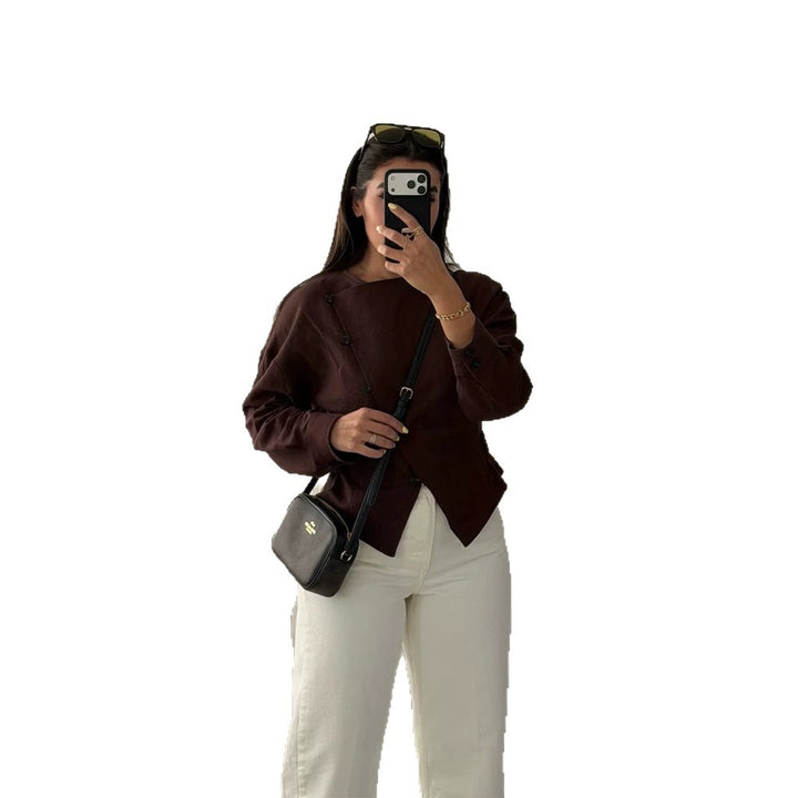 Women’s asymmetric tailored blouse with diagonal button placket Amarae