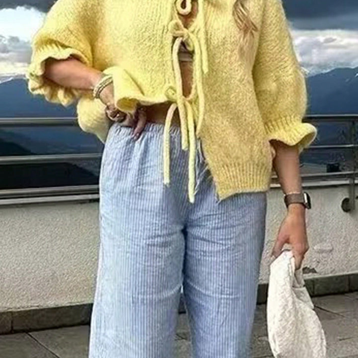 Women's Cozy Short Knit Cardigan with Tie Details, Ruffle Sleeves, and Loose Oversized Cut Amarae