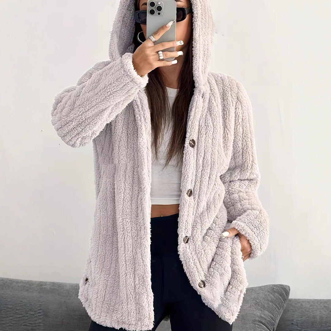 Fleece jacket for women with hood and buttoned design Lune London