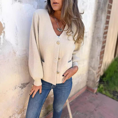 Ladies trendy knitted jacket with button details and pockets Amarae