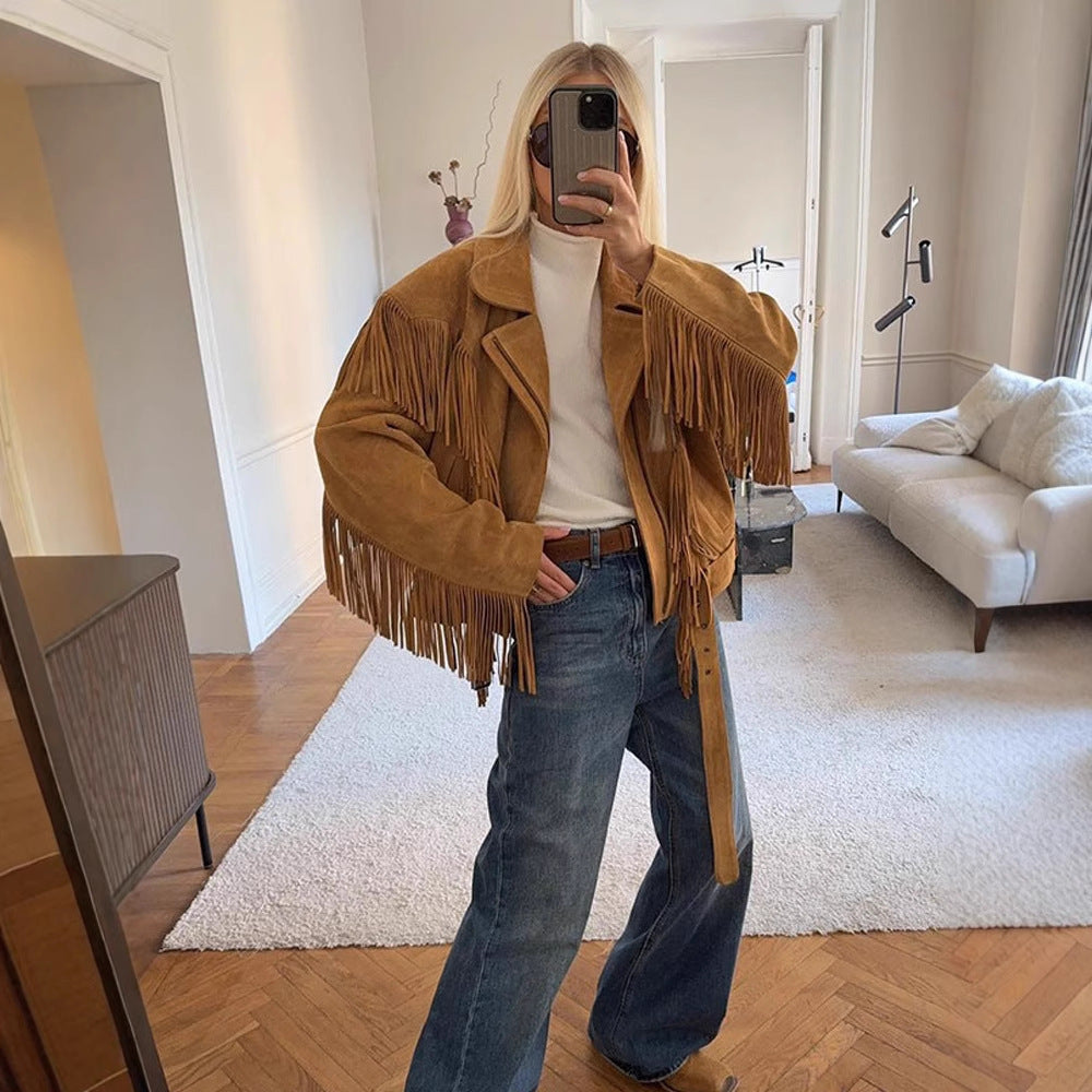 Suede jacket for women with fringe details and an adjustable belt Lune London