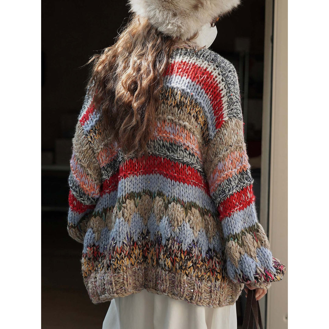 Women's chunky knit oversized cardigan with colorful block stripes and voluminous sleeves Amarae