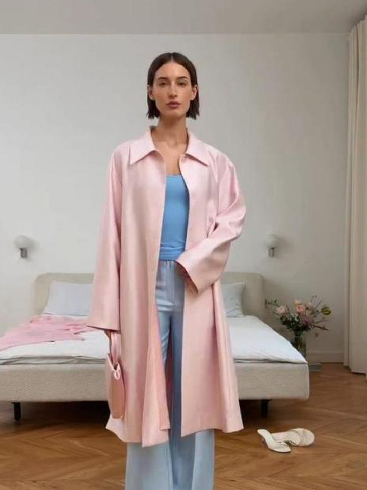 Women’s lightweight satin-like long coat in oversized cut with wide lapels Amarae