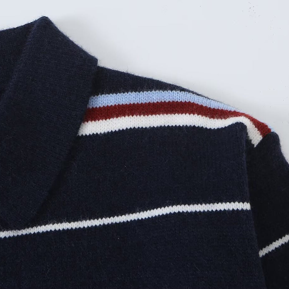 Women's Striped Knit Polo Sweater with Short Button Placket and Ribbed Cuffs Amarae