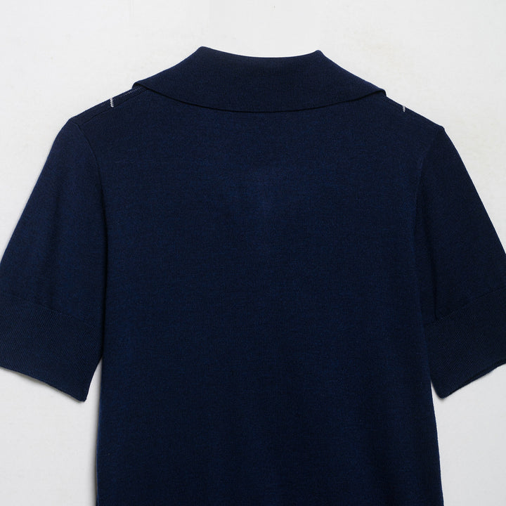 Women Short Sleeve Polo Collar Knitted Sweater with Diamond Jacquard and Half Zipper Amarae
