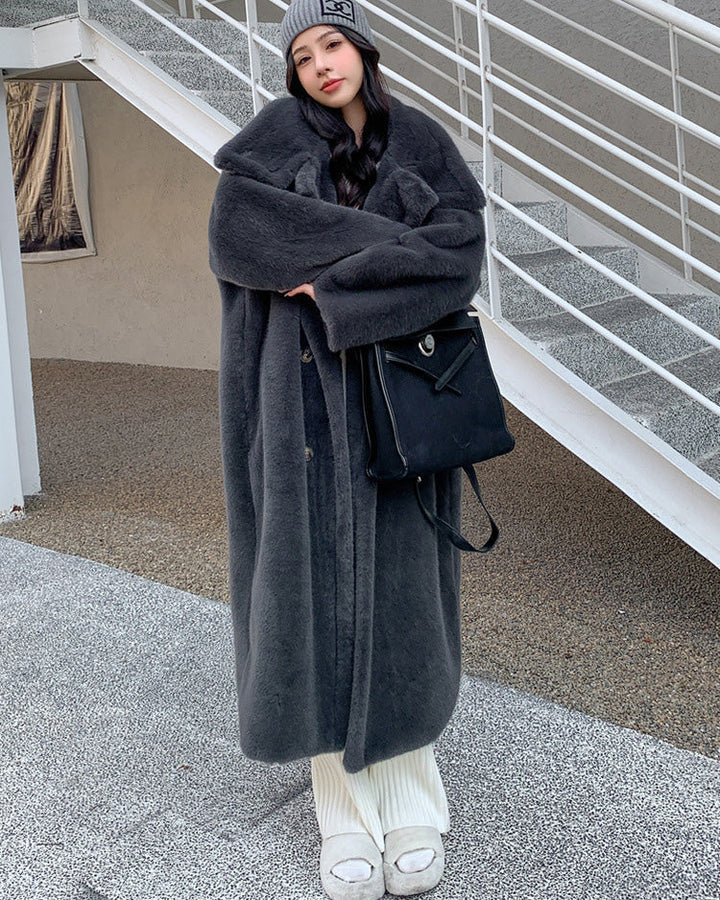 Lune London | Collar Double Breasted Faux Mink Fur Long Coat