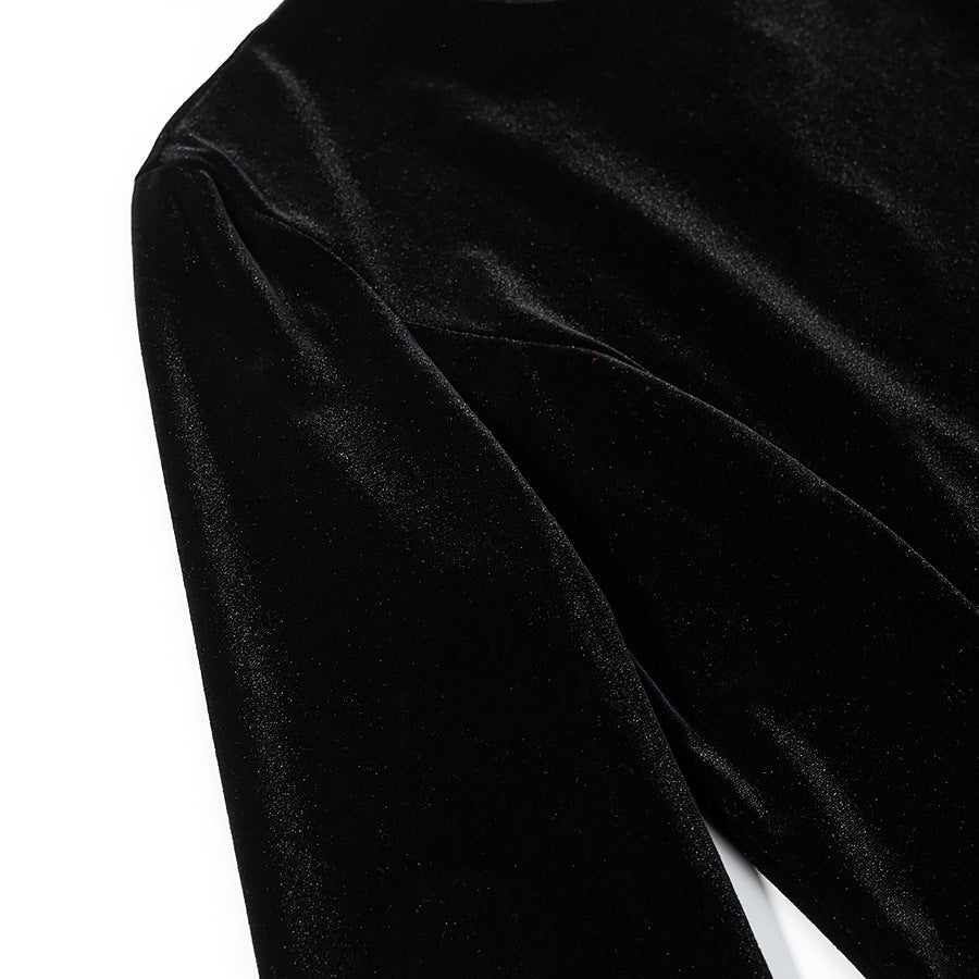 Women’s velvet blouse with lace trim and curved slit neckline Amarae