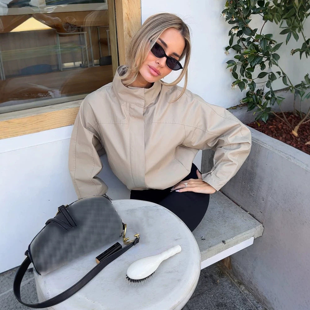 Women's Lightweight Cropped Utility Jacket with Stand-Up Collar, Concealed Button Placket and Elastic Hem Amarae