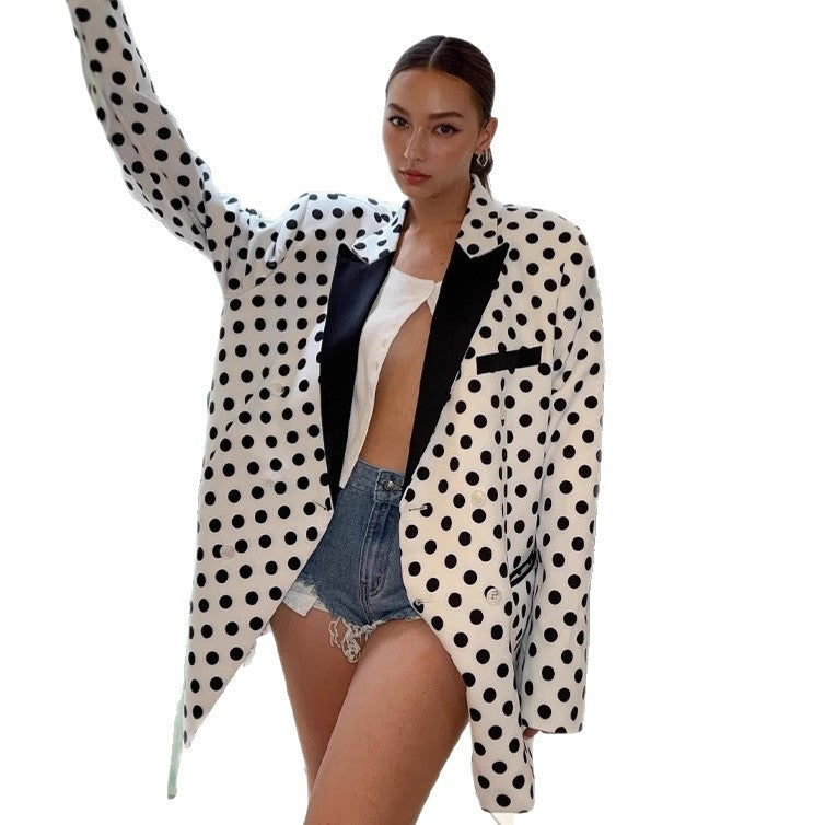 Women's Oversized Polka Dot Blazer with Contrasting Lapels and Boxy Silhouette Amarae