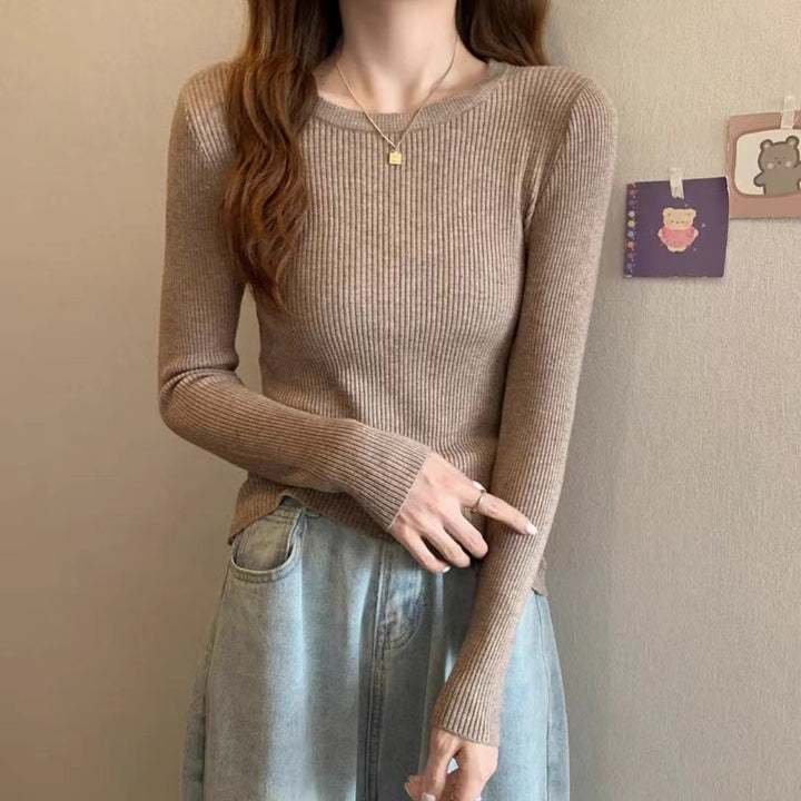 Pull en tricot côtelé ajusté pour femmes avec col rond